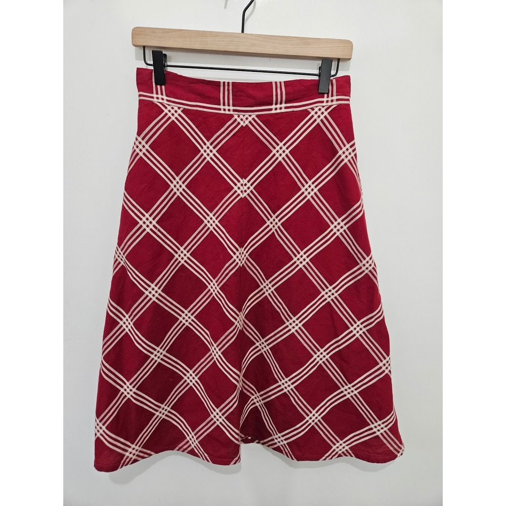 eShakti Red White Plaid A-Line Midi Skirt‎ with Pockets Size 8 Medium Cotton